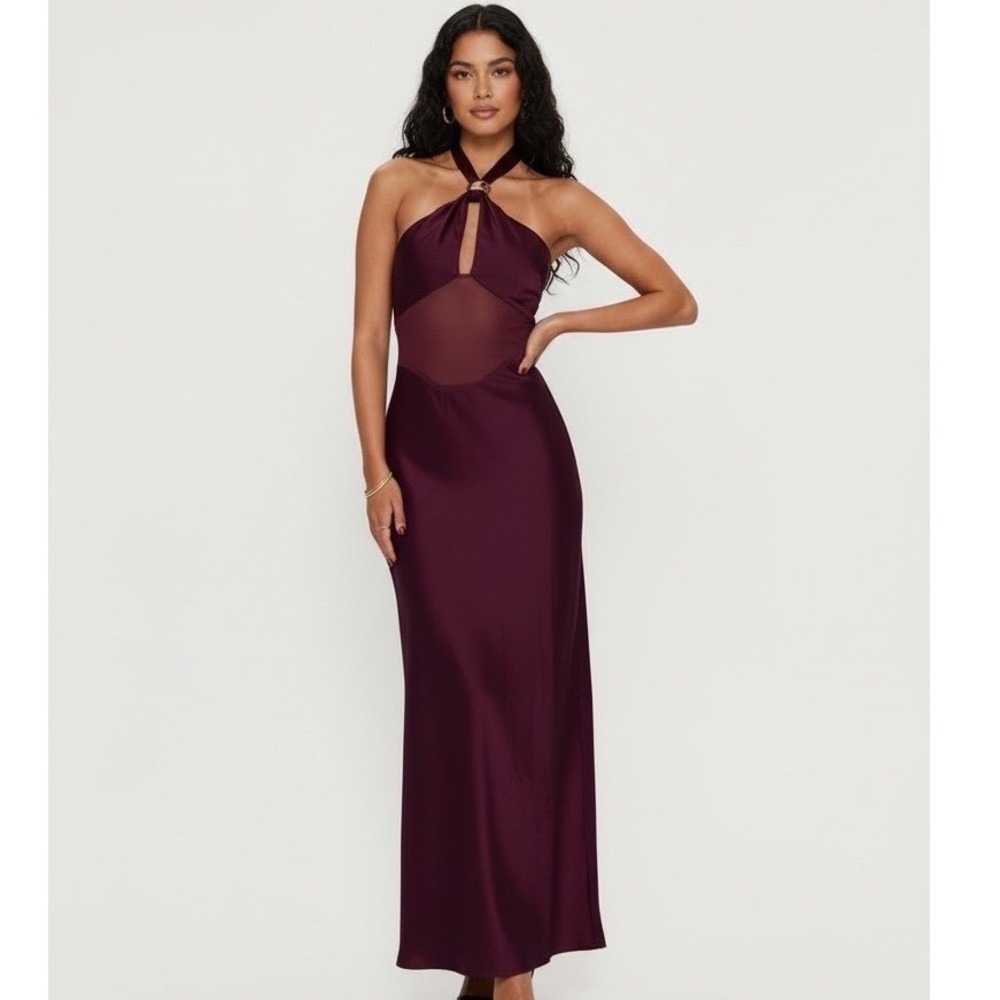 Princess Polly Rosario Halter Sheer Maxi Dress Plum Purple Satin Size 2